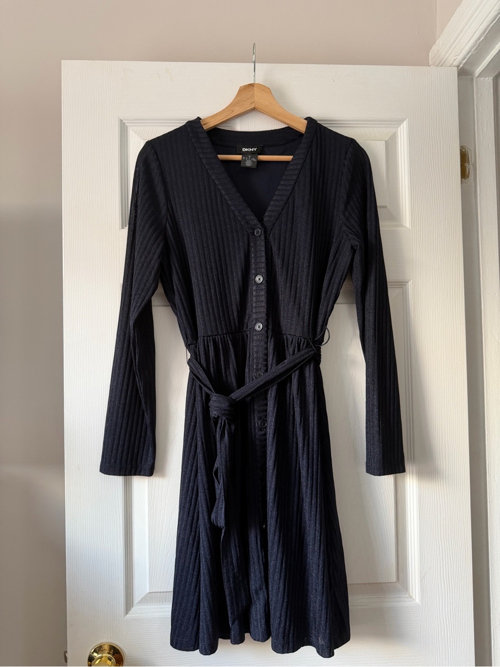 DKNY Navy Ribbed V-Neck Button Dress Size M